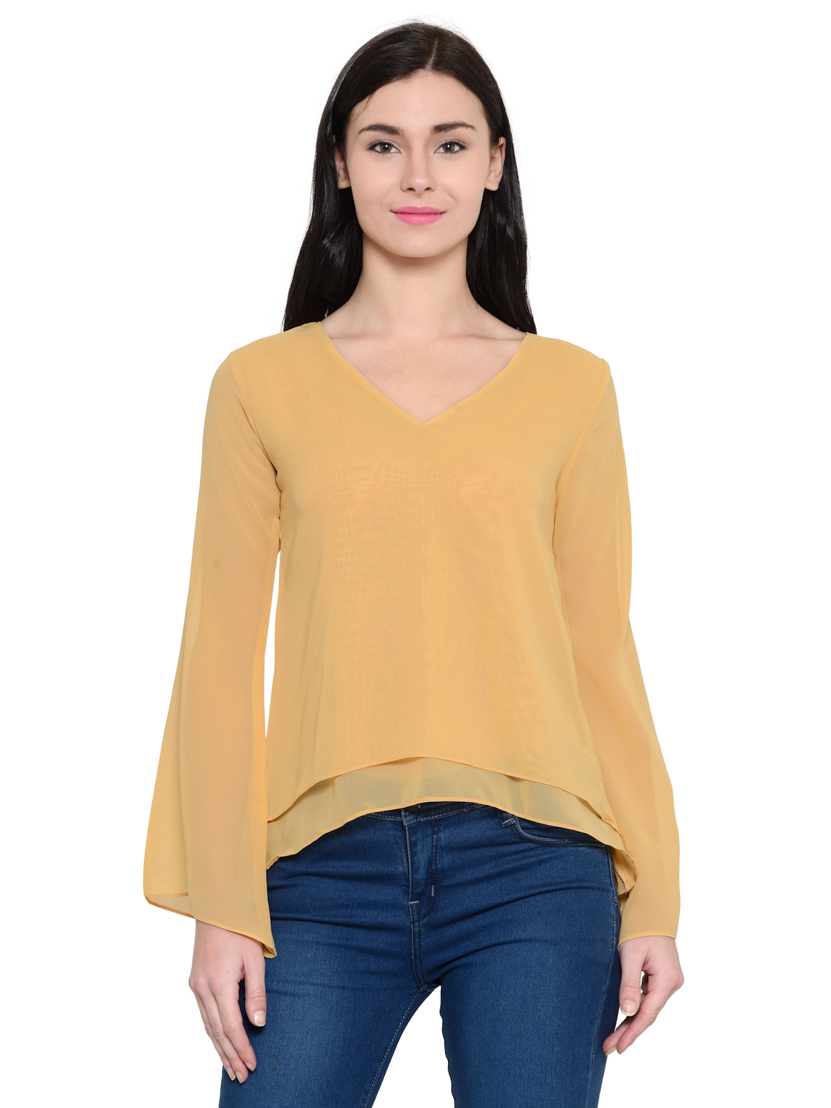 Camel Yellow Bell sleeves Vneck top